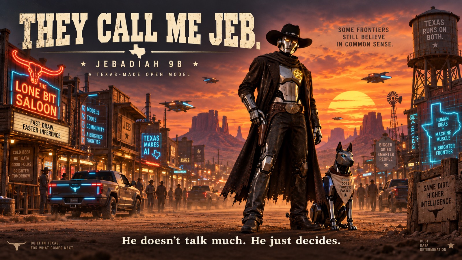 Poster titled They Call Me Jeb, Jebadiah 9B, a Texas-made open model. A robot gunslinger in a long coat stands in the dirt street of a neon-lit frontier town at sunset, a robot dog at his side. Signs read The Lone Bit Saloon, Texas Makes AI, and Same Dirt, Higher Intelligence. The caption reads: He doesn’t talk much. He just decides.